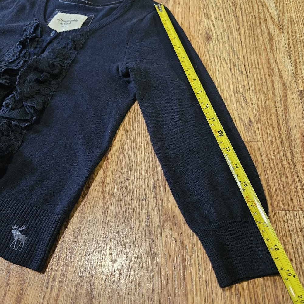 Y2K Abercrombie & Fitch S Women Navy Lace Chiffon Ruffle Cardigan Sweater Ribbed - Picture 9 of 11